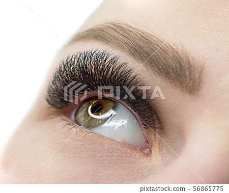 Female open eye with eyelash extension. Natural and well groomed skin. Close up, selective focus. Female open eye with eyelash extension. Natural and well groomed skin. Close up, selective focus. 56865775