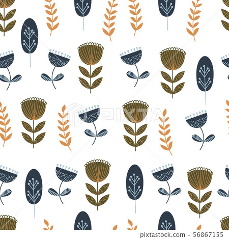 Autumn seamless pattern with wild floral elements. Hand drawn leaves, flowers, herbs. Modern 56867155