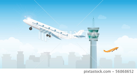 Airplane taking off from the airport with control 56868652