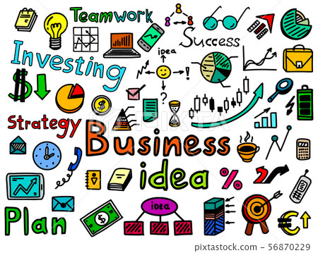 Business idea strategy, investing, hand drawn icon set. Finance symbols and words sketches Business idea strategy, investing, hand drawn icon set. Finance symbols and words sketches 56870229