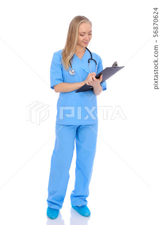 Doctor woman or nurse isolated over white background. Cheerful smiling medical staff representative Doctor woman or nurse isolated over white background. Cheerful smiling medical staff representative 56870624