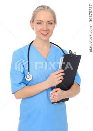 Doctor woman or nurse isolated over white background. Cheerful smiling medical staff representative 56870727