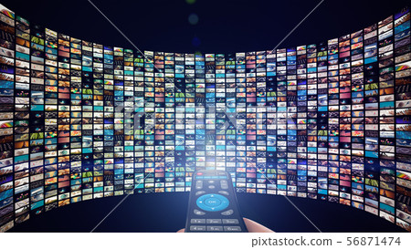 Image of big screen with many multi-colored channels, hands of man with remote control. Image of big screen with many multi-colored channels, hands of man with remote control. 56871474