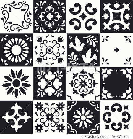 Mexican talavera pattern. Ceramic tiles with flower, leaves and bird ornaments in traditional style Mexican talavera pattern. Ceramic tiles with flower, leaves and bird ornaments in traditional style 56871803