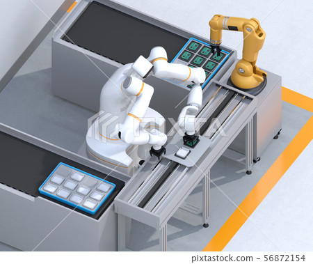An image of a double-arm robot that assembles a board and a robot arm for parts supply. Collaborative robot concept 56872154