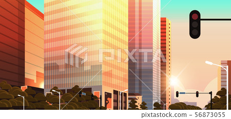 beautifil city street with traffic light skyline high skyscrapers modern cityscape sunset background beautifil city street with traffic light skyline high skyscrapers modern cityscape sunset background 56873055