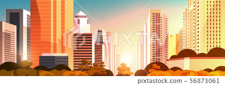beautifil city on sunset panorama skyline high skyscrapers modern cityscape background flat 56873061