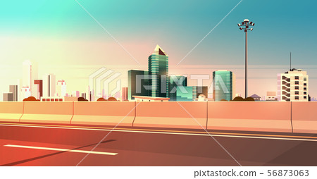 highway asphalt road with chipper city skyline modern skyscrapers cityscape sunset background flat highway asphalt road with chipper city skyline modern skyscrapers cityscape sunset background flat 56873063