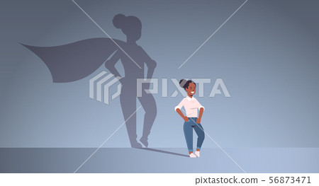 african american businesswoman dreaming about being super hero shadow of woman with cape imagination 56873471