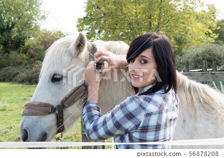 Beautiful young woman and white horse Beautiful young woman and white horse 56878208
