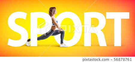 Creative collage of muscular athletic woman with the big word SPORT. Creative collage of muscular athletic woman with the big word SPORT. 56878761