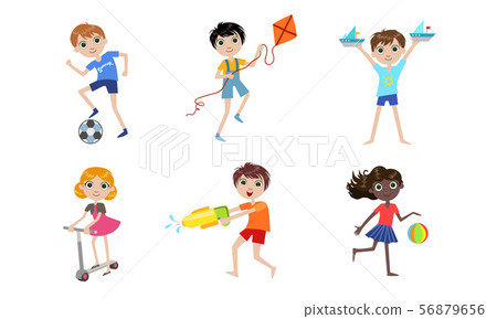 Summer Kids Outdoor Activities Set, Boys and Girls Playing with Toys, Riding Kick Scooter Vector 56879656