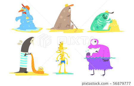 Funny Monsters on Beach Set, Cute Happy Mutants Making Sandcastle, Sunbathing, Having Fun Vector 56879777