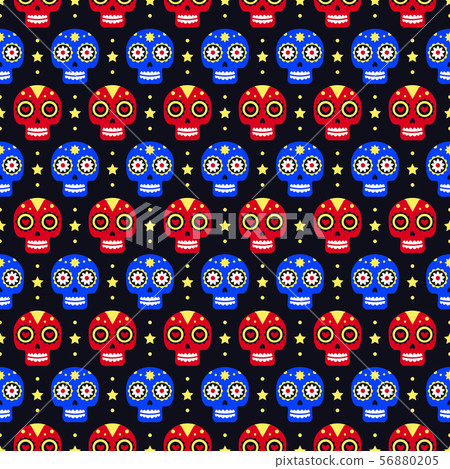 Day of the dead seamless pattern with colorful skulls on dark background. Traditional mexican 56880205