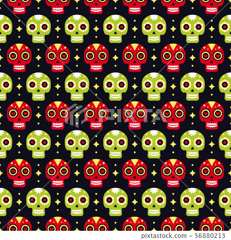 Day of the dead seamless pattern with colorful skulls on dark background. Traditional mexican 56880213