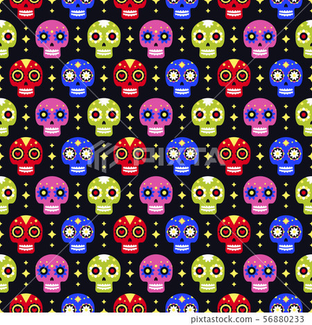 Day of the dead seamless pattern with colorful skulls on dark background. Traditional mexican Day of the dead seamless pattern with colorful skulls on dark background. Traditional mexican 56880233