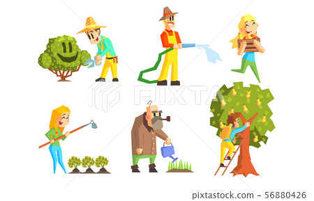 People Working in Garden Set, Cheerful Farmers Watering Plants, Harvesting, Trimming Bush, Spudding People Working in Garden Set, Cheerful Farmers Watering Plants, Harvesting, Trimming Bush, Spudding 56880426
