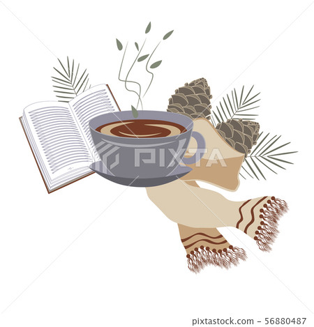 Minimailstic Christmas composition with book, tea, and christmas tree branches. Time to Hygge Vector Minimailstic Christmas composition with book, tea, and christmas tree branches. Time to Hygge Vector 56880487