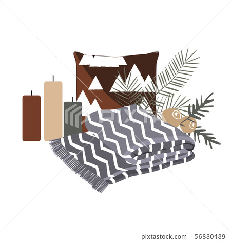 Minimailstic Christmas composition with candles, pillow, blanket, and christmas tree branches. Time Minimailstic Christmas composition with candles, pillow, blanket, and christmas tree branches. Time 56880489