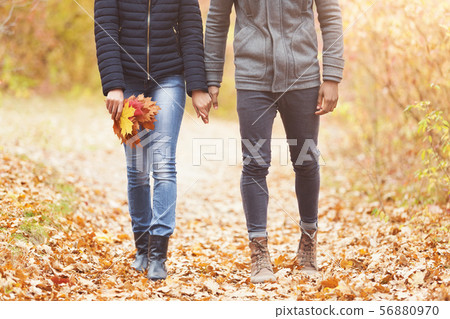 Couple with bunch of leaves walking in autumn park 56880970