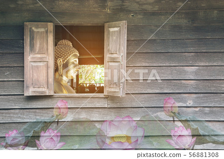 Old wooden wall with window inside, 56881308