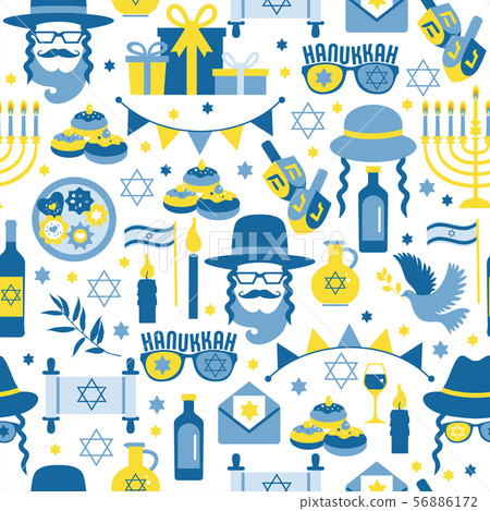 Jewish holiday Hanukkah seamless pattern with Chanukah symbols -dreidels spinning top, donuts Jewish holiday Hanukkah seamless pattern with Chanukah symbols -dreidels spinning top, donuts 56886172