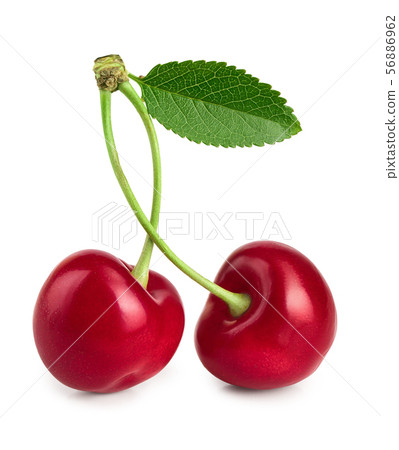 Two cherries with leaf closeup isolated on white background 56886962