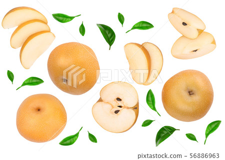 Fresh asian pear with leaves isolated on white background with copy space for your text. Top view Fresh asian pear with leaves isolated on white background with copy space for your text. Top view 56886963