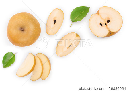 Fresh asian pear with leaves isolated on white background with copy space for your text. Top view. 56886964