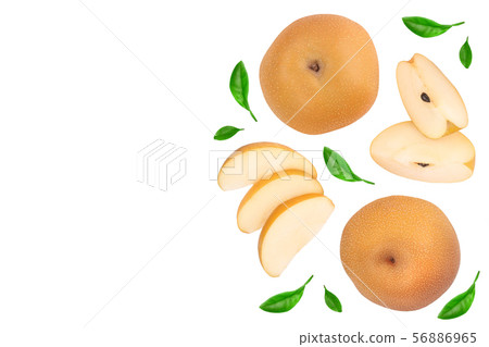 Fresh asian pear with leaves isolated on white background with copy space for your text. Top view. 56886965