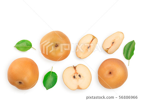 Fresh asian pear with leaves isolated on white background with copy space for your text. Top view. Fresh asian pear with leaves isolated on white background with copy space for your text. Top view. 56886966