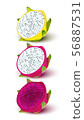 Red yellow dragon fruit, whole fruit and half. 56887531