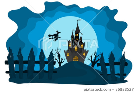 Halloween castle on a blue background moon witch 56888527