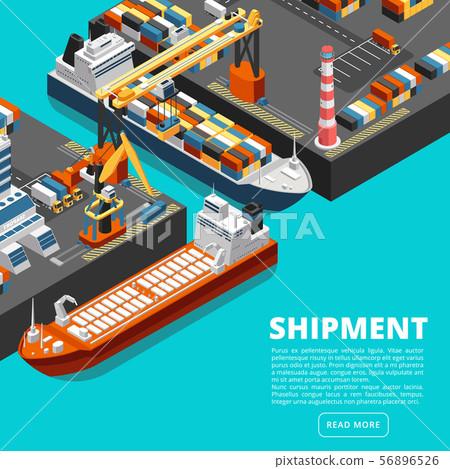 Isometric 3d seaport terminal with cargo ships, cranes and containers. Shipping industry vector 56896526