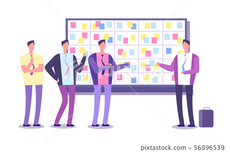 Scrum planning board. Employees planning work at taskboard. Business process leaning and meeting Scrum planning board. Employees planning work at taskboard. Business process leaning and meeting 56896539