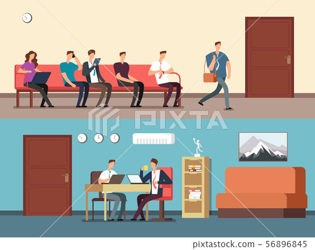 Business people, employees sitting on chairs in row, waiting interview. Contender and interviewer at Business people, employees sitting on chairs in row, waiting interview. Contender and interviewer at 56896845