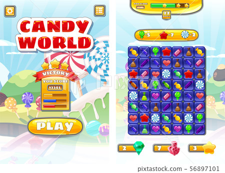 Game UI Candy World Match 3 set game icons, buttons, and elements interface game design resource bar Game UI Candy World Match 3 set game icons, buttons, and elements interface game design resource bar 56897101
