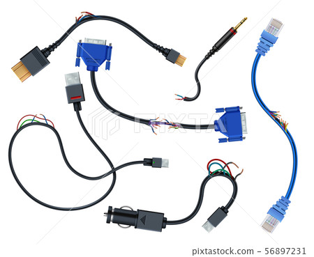 Damaged wires with plugs. Disconnect broken electric cables vector set isolated on white background Damaged wires with plugs. Disconnect broken electric cables vector set isolated on white background 56897231