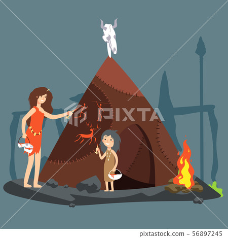 Stone age vector illustration. Cartoon neolithic woman and girl Stone age vector illustration. Cartoon neolithic woman and girl 56897245