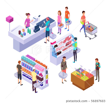 Isometric grocery store. 3d supermarket interior with shopping people customers and products. Retail 56897683