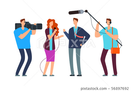 Journalists take interview. Broadcasting reportage with photographer and videographer. Broadcast 56897692