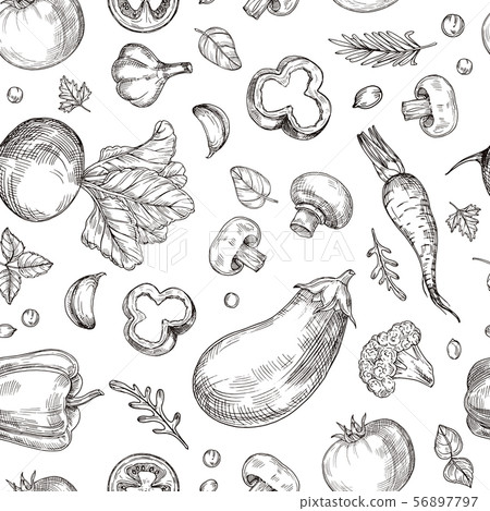 Vegetable hand drawn seamless pattern. Fresh vegetarian food, garden vegetables. Etching drawing 56897797