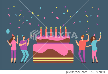 Happy birthday family party with celebrating happy people and big cake. Cartoon corporate birthday Happy birthday family party with celebrating happy people and big cake. Cartoon corporate birthday 56897891