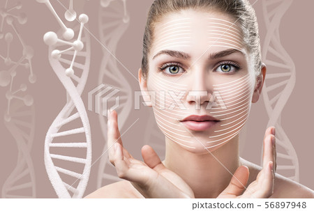 Portrait of sensual woman among DNA chains. 56897948