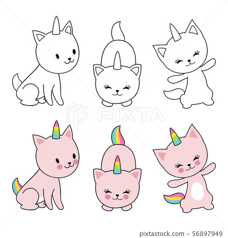 Cartoon character cats unicorn isolaten on white background. Kids coloring with cute kittens Cartoon character cats unicorn isolaten on white background. Kids coloring with cute kittens 56897949