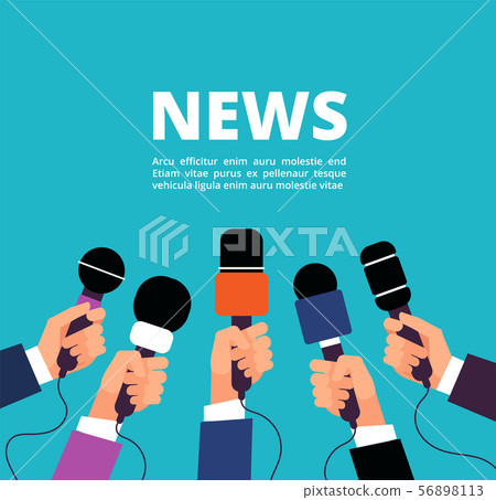 News concept with microphones. Broadcasting, interview and communication vector banner with handa News concept with microphones. Broadcasting, interview and communication vector banner with handa 56898113