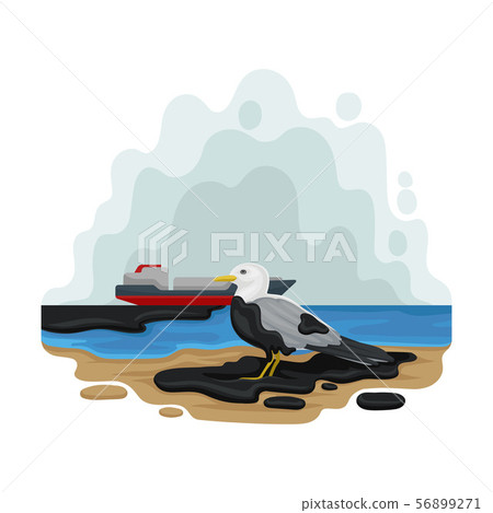 Seagull sits on an oil slick. Vector-插圖素材[56899271] - PIXTA圖庫