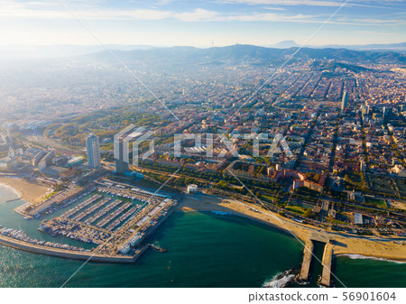 Aerial view of Barcelona on Mediterranean coast, Spain Aerial view of Barcelona on Mediterranean coast, Spain 56901604