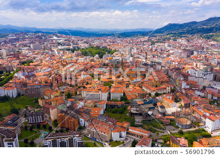 Aerial view of Oviedo city with buildings and lanscape, Asturias 56901796