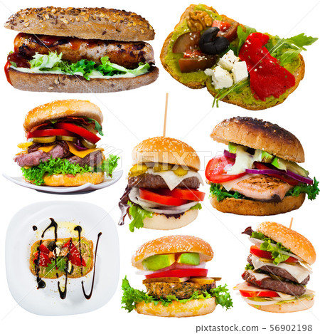 Cheeseburgers, sandwiches and fastfood dishes isolated on white background Cheeseburgers, sandwiches and fastfood dishes isolated on white background 56902198